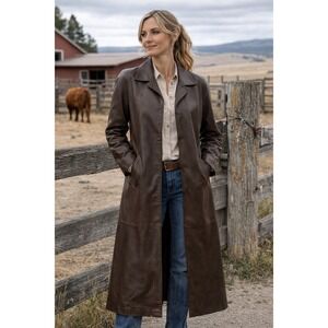 Orvis Womens Brown Leather Trench Coat Long Jacket Size L Vintage Ecuador